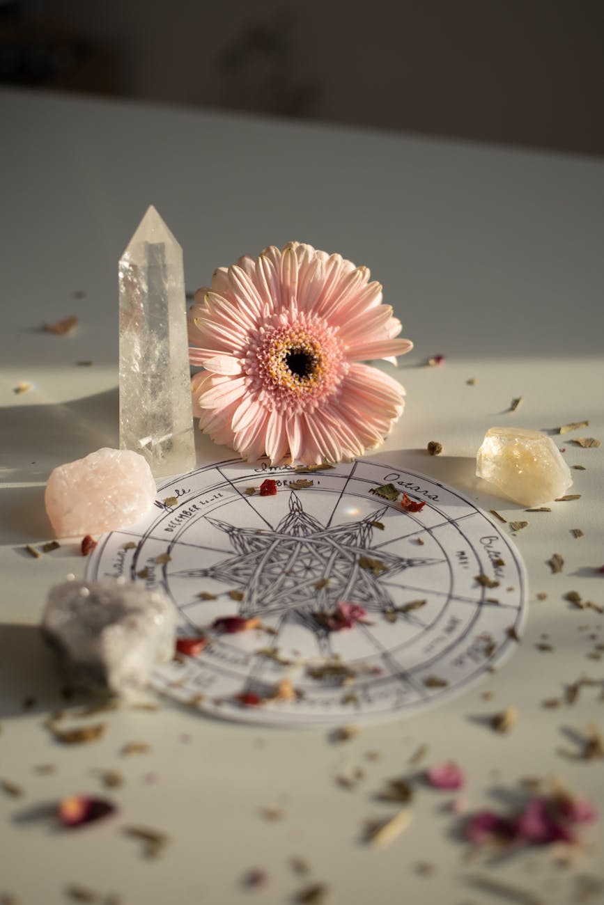flower head by petals and crystals on wheel of year